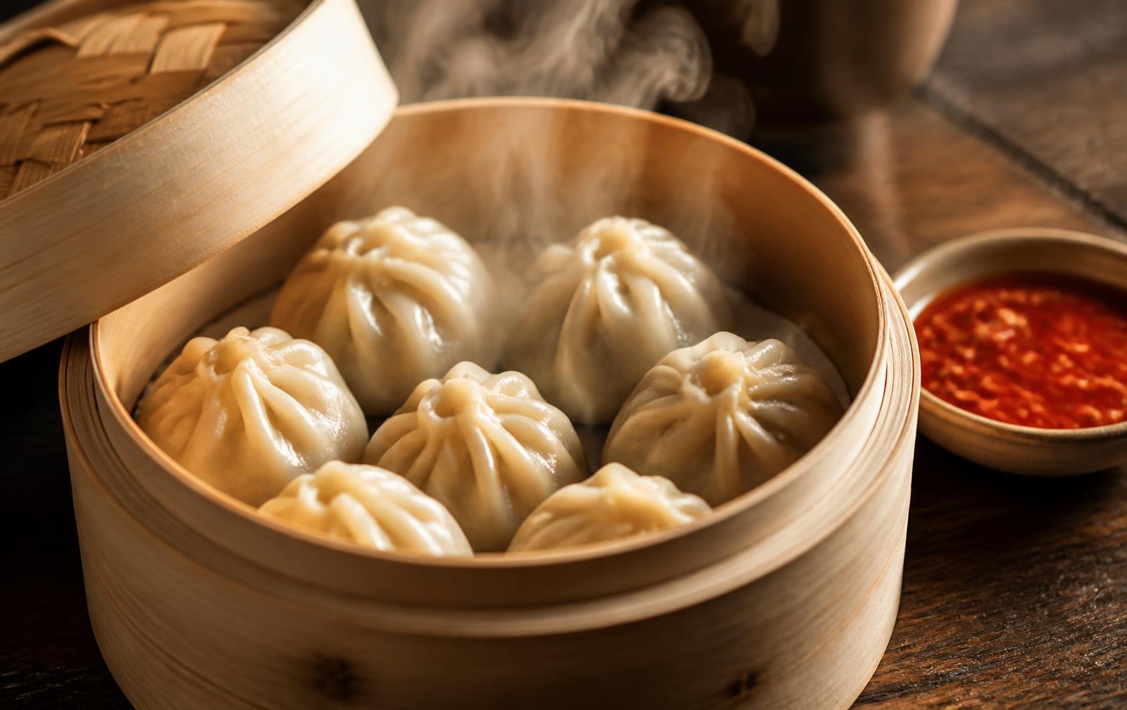Dampfende tibetische Momos im Bambusdämpfer neben einer Schale roter Chilisauce