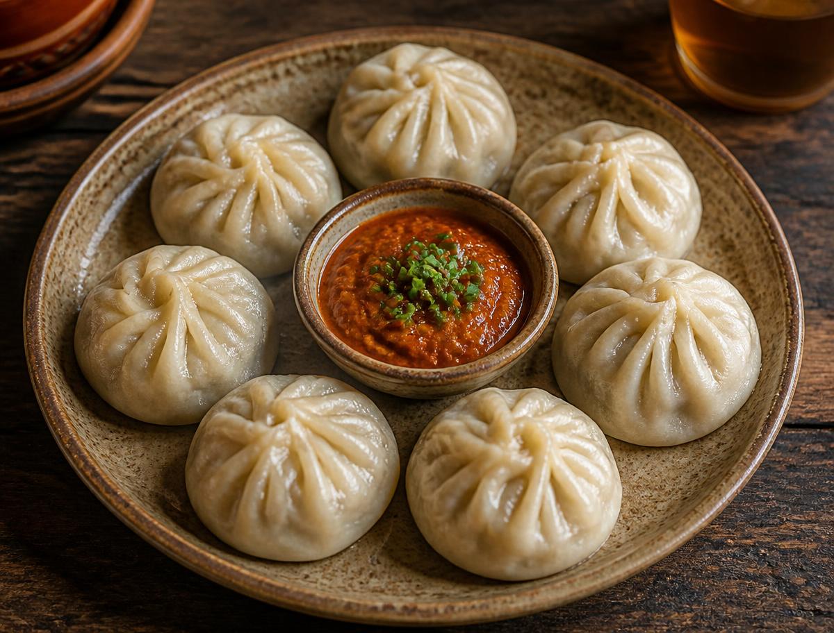 Acht gedämpfte tibetische Fleisch-Momos auf einem Teller mit Chilisauce