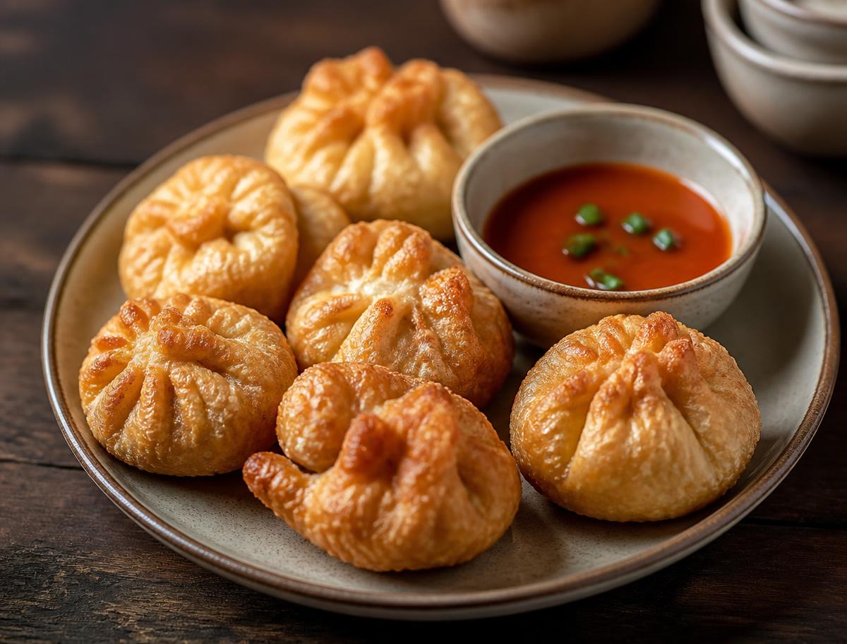 Goldbraun frittierte tibetische Momos mit einem Schälchen Sauce