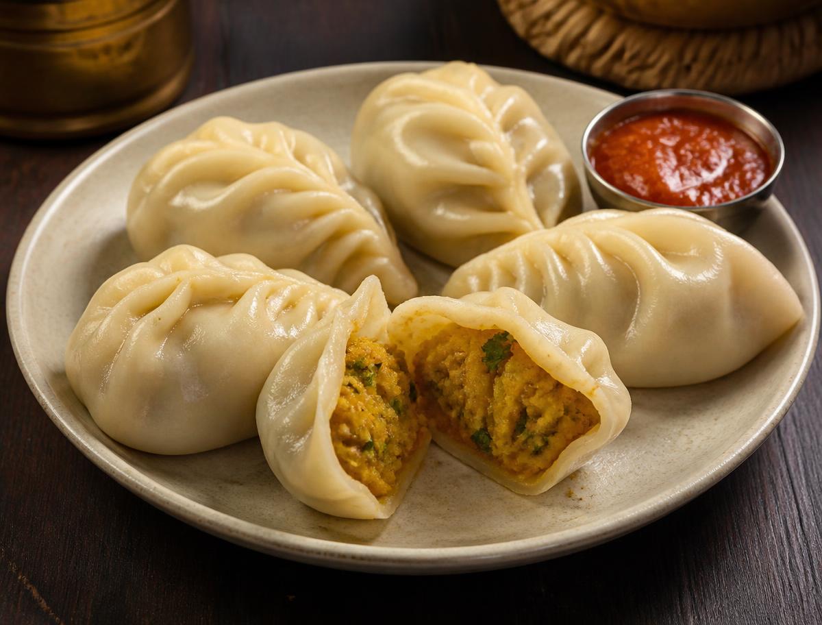 Gedämpfte Vegi-Momos, eine aufgeschnitten mit gewürzter Kartoffelfüllung